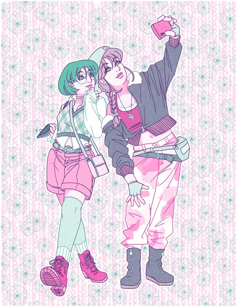 An illustration of Ami Mizuno and Makoto Kino from the anime Sailor Moon wearing streetwear and taking a selfie together.
