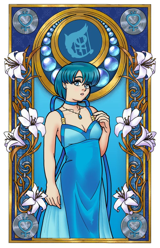 An illustration of Ami Mizuno from the anime Sailor Moon, as Princess Mercury, against an art nouveau style background. She wears a shiny blue dress and looks at the viewer softly. At the sides of the image are pale lilies, and above her are shiny blue stones in a crescent moon shape.