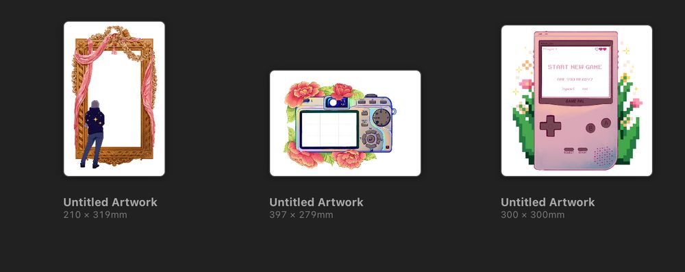 previews of 3 charms, a detailed frame with a person in front of it, an old digital camera surrounded by flowers and an old portable console with 8bit flowers