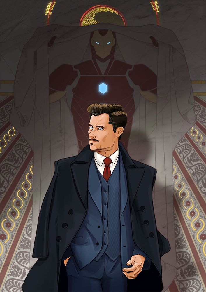 Illustration of Invincible Iron Man, wearing a blue suit with a dark overcoat, behind him a wall with a painting/mosaic of the ironman suit, in a pose inspired by Easter, The Saturday Evening Post cover, April 7, 1928 by Joseph Christian Leyendecker