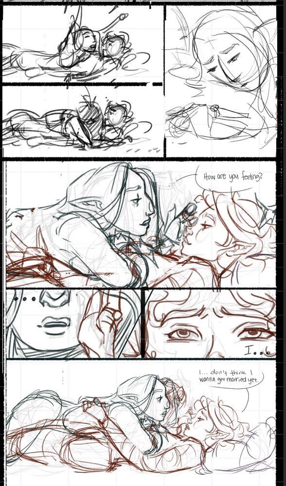 Page 2/2. Rough comic panels of Ryna and Imrae wake up the morning after Midsummer (a love festival). 

Imrae does a biiiiig stretch before noticing the mood ring on Ryna’s finger that she had given Ryna previously. When colored, will show that it’s mostly pink and blue (relaxed, content, romantic) with hints of grey (anxious).
Imrae brushes hair out of Ryna’s face and asks “How are you feeling?”
Ryna puts her hand on Imrae’s face and furrows her eyebrows. 
Ryna: “I… I don’t think I wanna get married yet.”