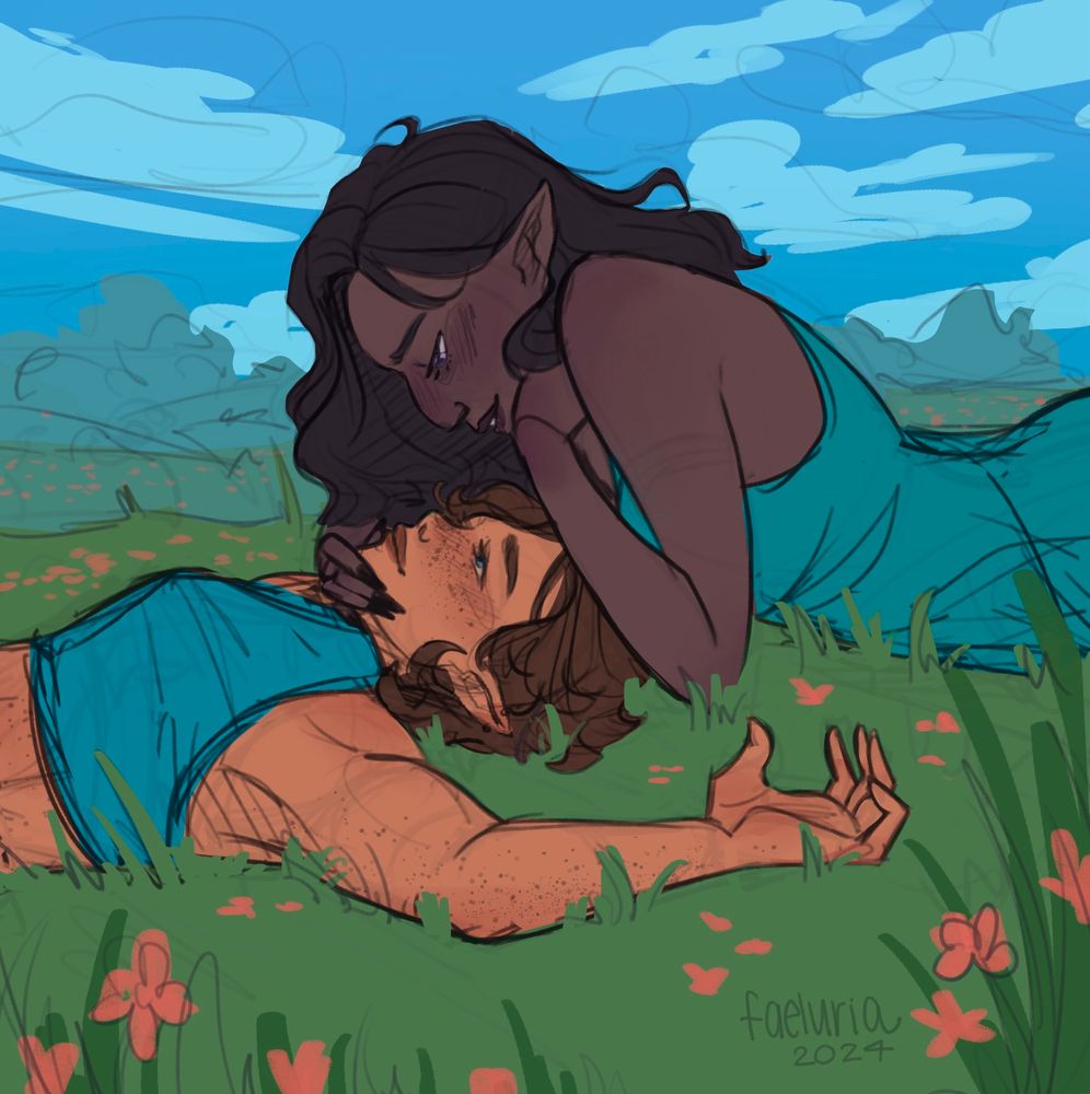 Ryna and Imrae lying in the grass and stair bf at each other lovingly. 