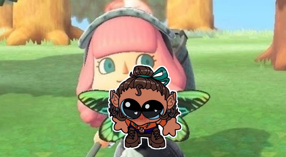 An Animal Crossing character doing the “look at this” pose but instead of a bug it’s my character Ryna. 