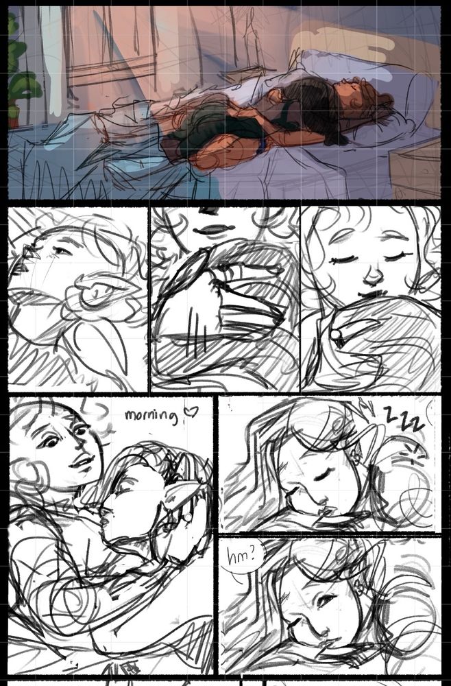 Page 1/2. Rough comic panels of Ryna and Imrae wake up the morning after Midsummer (a love festival). 

Ryna wakes up first and kisses Imrae on the forehead. 
Ryna: “Morning <3”
Imrae wakes up. “Hm?”