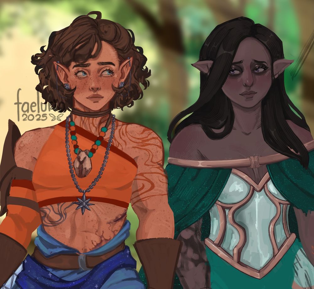 A work in progress painting of a half-elf and half-drow looking at each other sadly. 