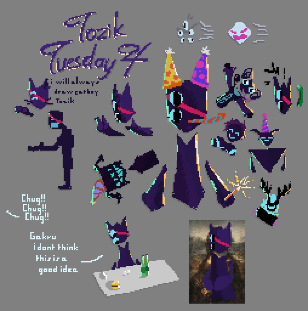 Various new year pixel art doodles of the characters from the game corru.observer, mainly focused on Tozik
