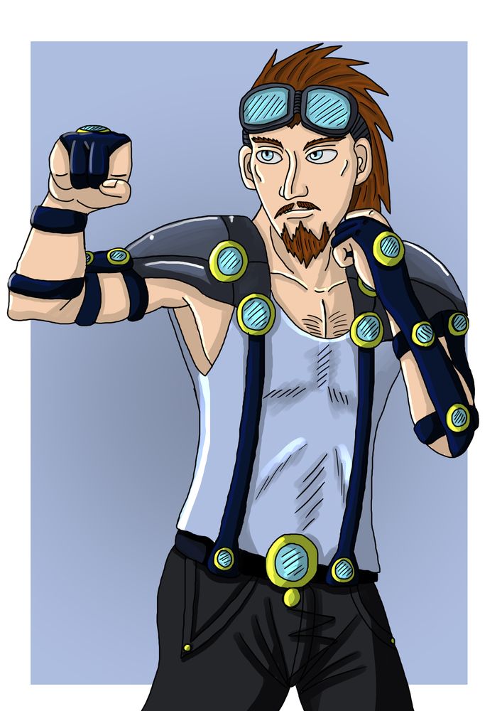 Man with short brown hair and a beard is standing in a boxing fighting stance. On his arms he is wearing some sort of futuristic tech that is supposed to help him fight