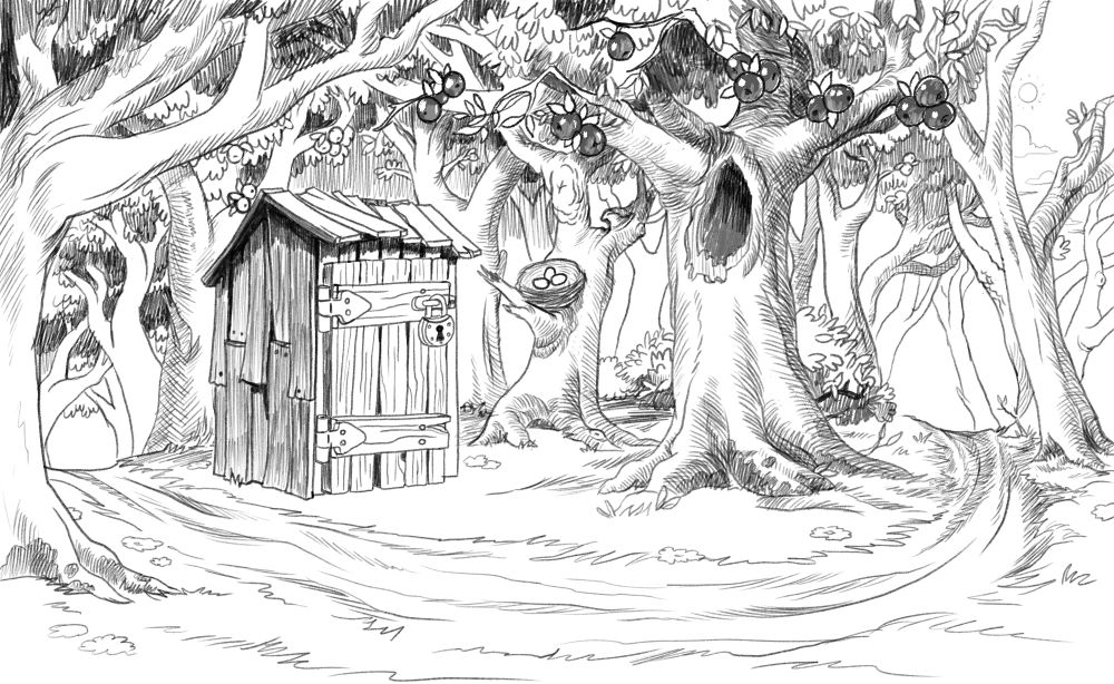 A black and white drawing of the orchard clearing.
