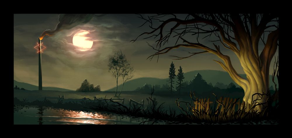 A spooky river and fields. A sinister tower is in the distance, along with a red glowing moon.