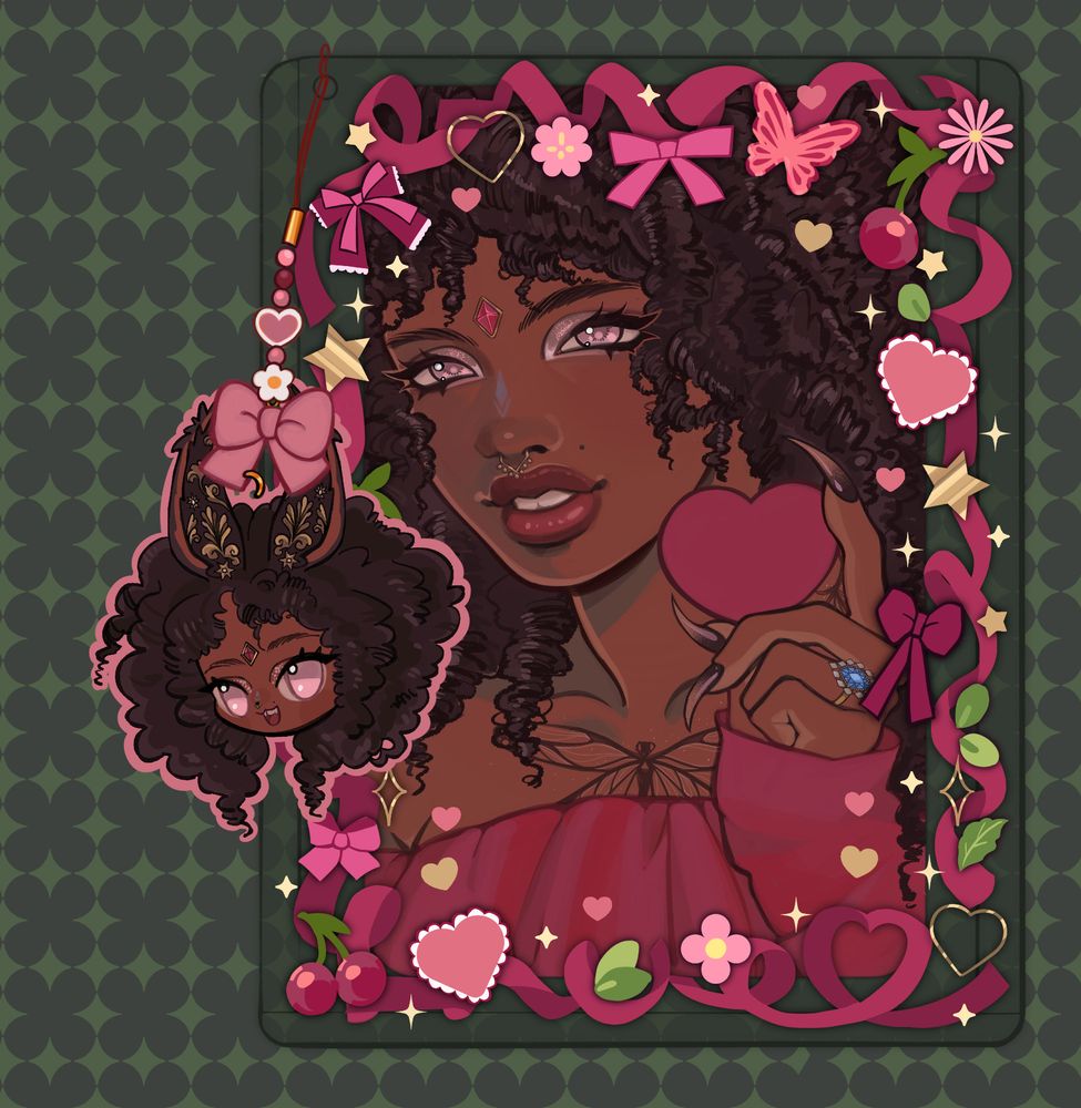 A photocard commission of my viera wol Mirko by conito/bunbuncita. The background is green and there are red and green and gold icons around her.