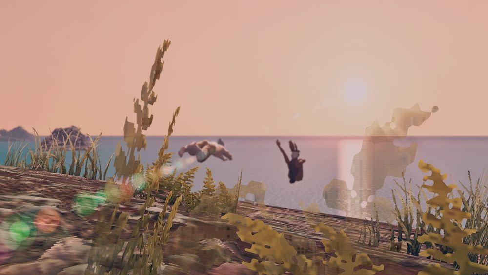 The camera zooms out to see them jumping off of the cliff to the water below, Mirko as a cannonball and Haurchefant diving in with decent form.