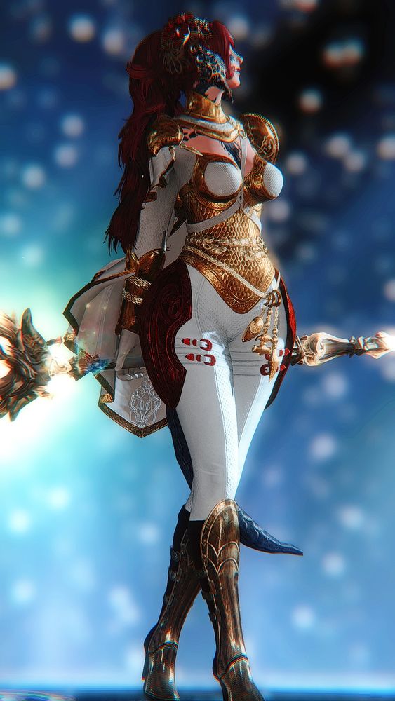 My Xaela wol Irie in a set of armor. The main color is white throughout the pants and top, though the armor is a glittering golden color. She holds her white mage staff behind her hips, her right leg forward as if stepping into something. Her body is angled to her left and up, looking at the shining horizon as it washes over her. Behind her are a thousand blurry stars