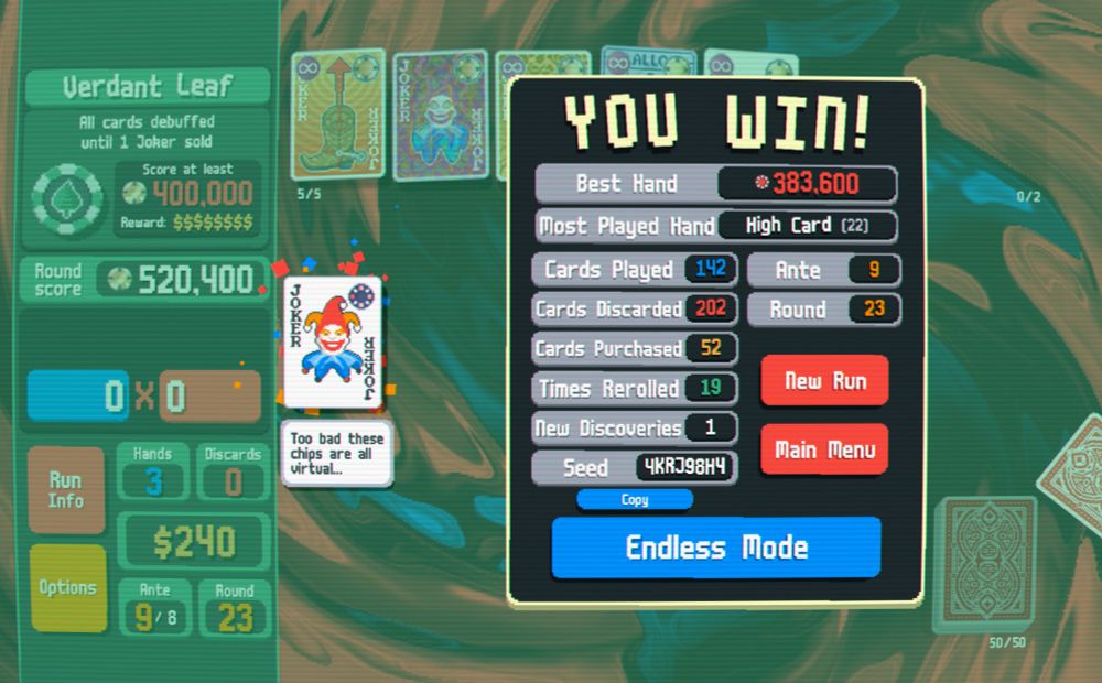 Victory screen from Red Deck Gold Stake Balatro.