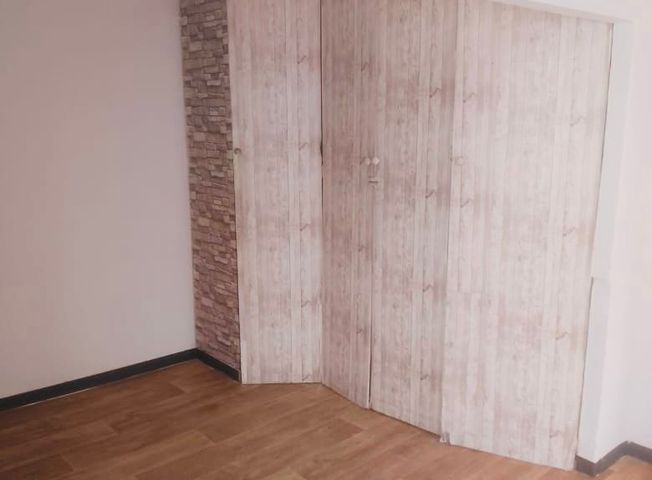 a strangely angled/segmented closet door with confusing perspective in an otherwise empty apartment