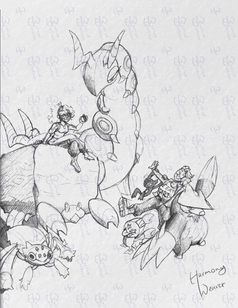A watermarked illustration of two people. (the poster and her girlfriend) each with three pokemon.  On the left is a scolipede, crustle, and galvantula and on the right is a sableye, escadrill, and gliscor