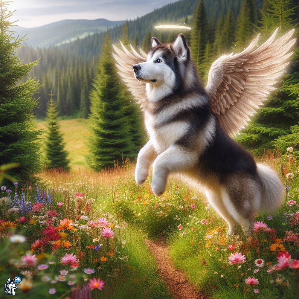 A malamute sprouting wings on a serene mountain path strewn with flowers among the evergreens