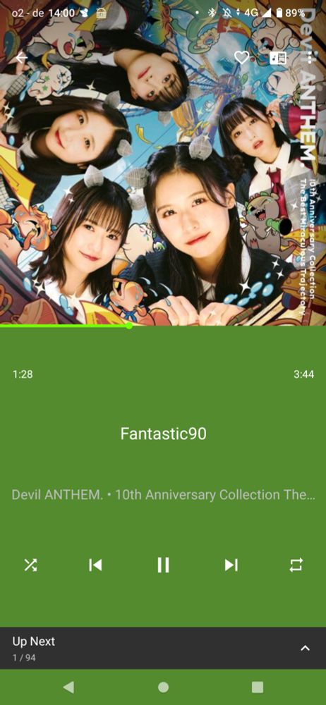 The image displays the shuttle music app for android displaying the now playing track "Fantastic90" by Devil ANTHEM. 
