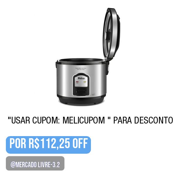 💥 Panela De Arroz Philco 5 Xícaras Ph5p Visor Glass Inox Cor Prateado-
.
⚠️ -1 -“Ver Produto”, e  </br> ⚠️ 2 - tela de pagamento, “Usar cupom: MELICUPOM ” para desconto.
.
😱 Por R$112,25 OFF (Confira o DESCONTO tela de Pgto)
.
🛒 Compre aqui 👉🏽 https://mercadolivre.com/sec/1X4HRgZ
