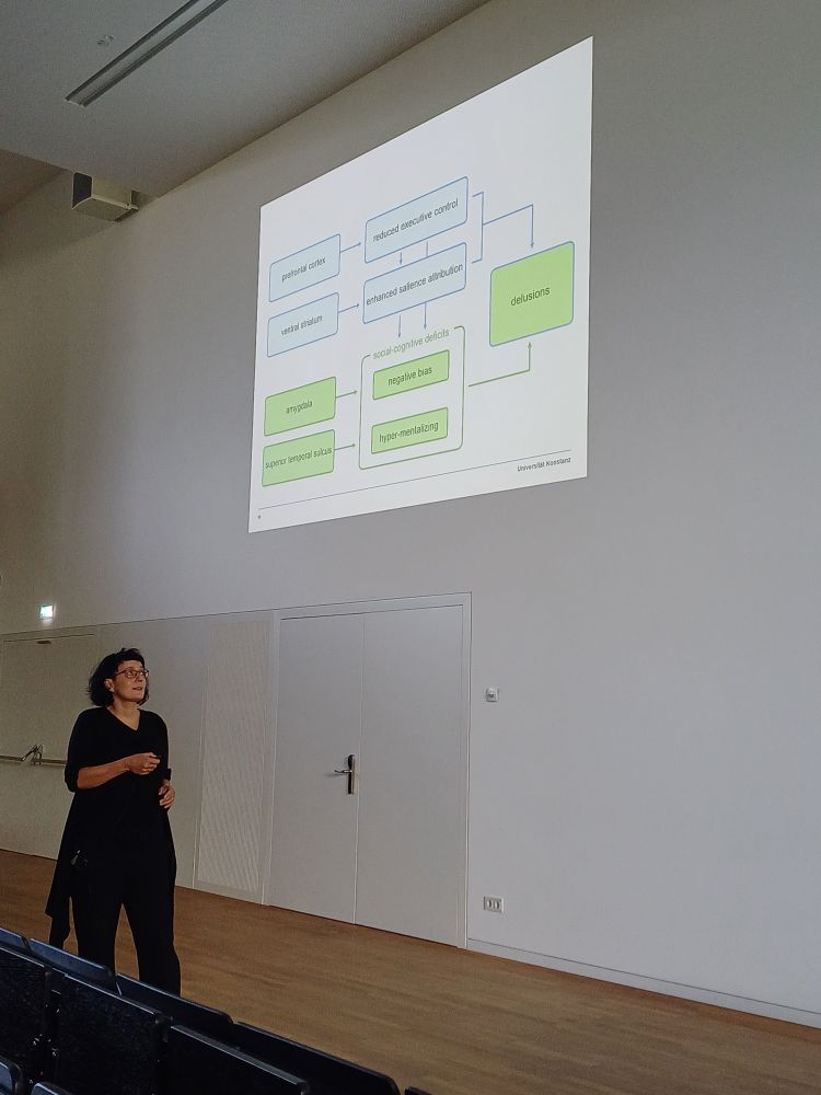 Daniela Mier presenting her model of neurobiological underpinnings of social cognitive deficits, aberrant salience and reduced executive function leading to delusions.