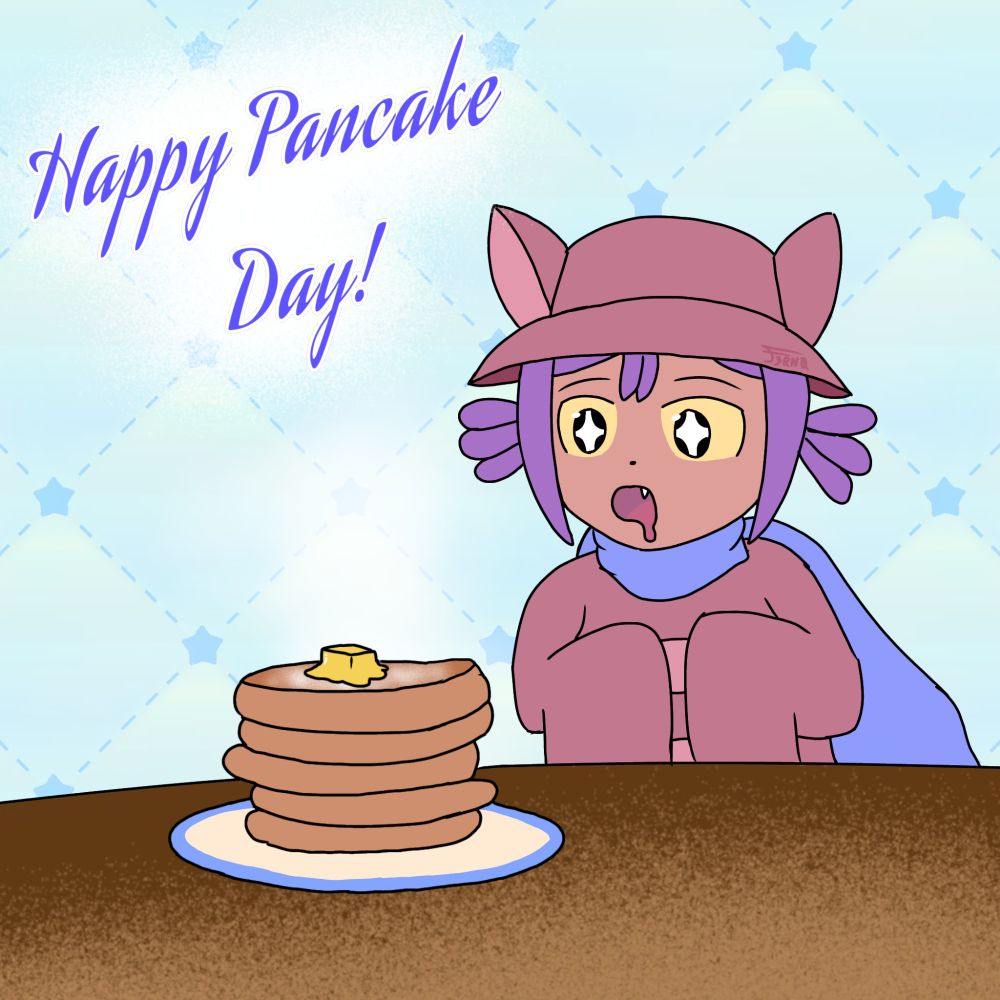 Niko from the indie game OneShot staring endearingly at a plate of pancakes.