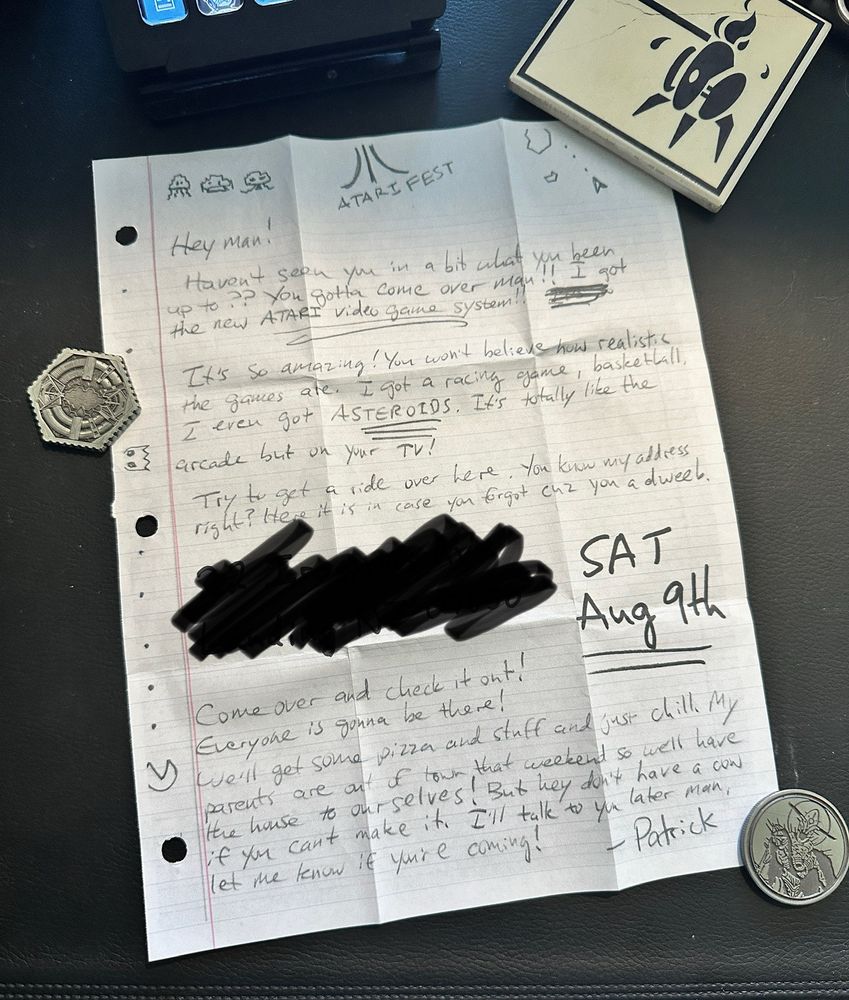 A “hand written” style note describing a video game party from the persecuting of a kid. Complete with doodles and emphasis scribbles.