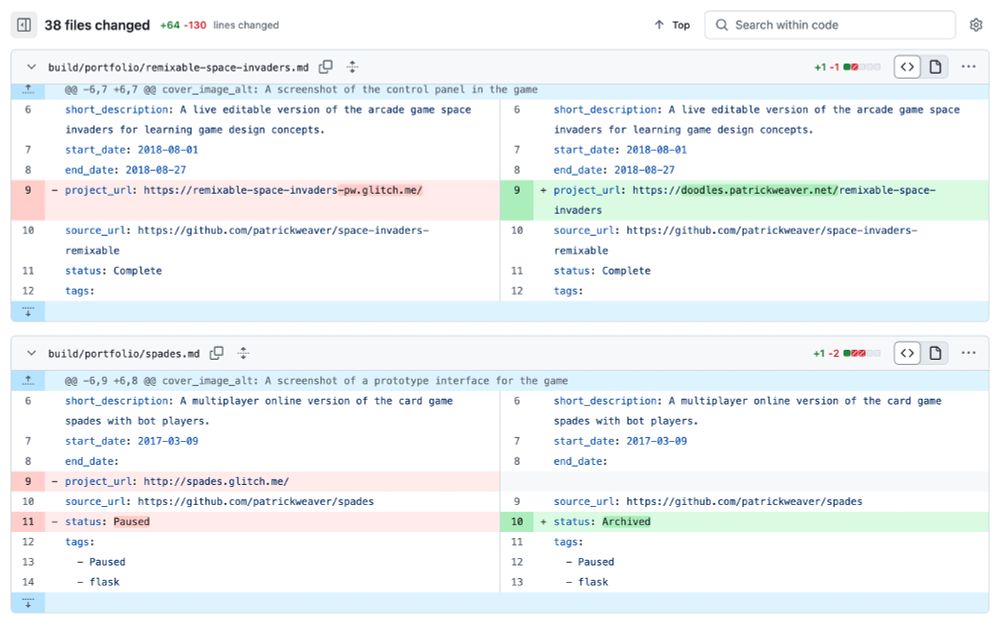 A screenshot of a diff on GitHub showing links changed from glitch.me links to doodles.patrickweaver.net links, or removed with the status changed to 'Archived'.