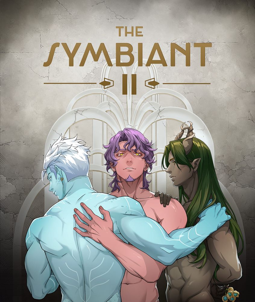 The Symbiant II cover art which shows 3 men in an embrace in front of a wall depicting a water fountain. One man is a blue alien, the second is human, the third is another alien with horns holding behind him a branch with alien fruits