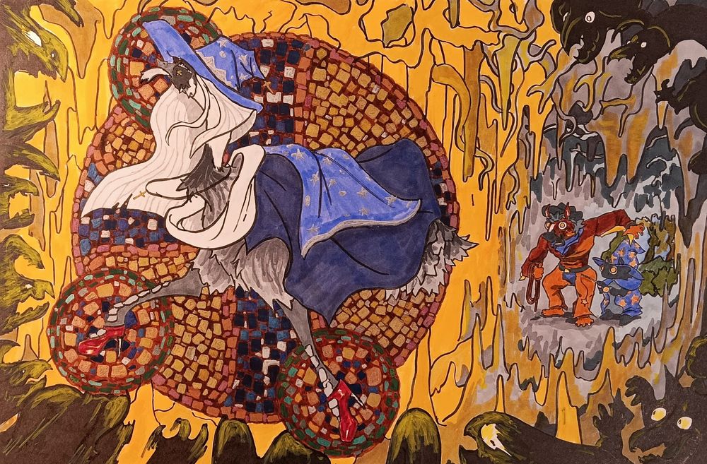 A traditional marker drawing of a wizardly emu atop a holy cross mosaic, smiting the demons around him. His party members stand in the background, a cowboy horse man and wizard cat, shocked at the divine presence.