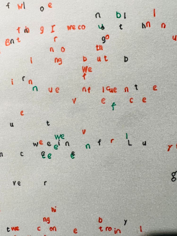 Detail of artwork showing hand drawn letters in various shades of green, red and black