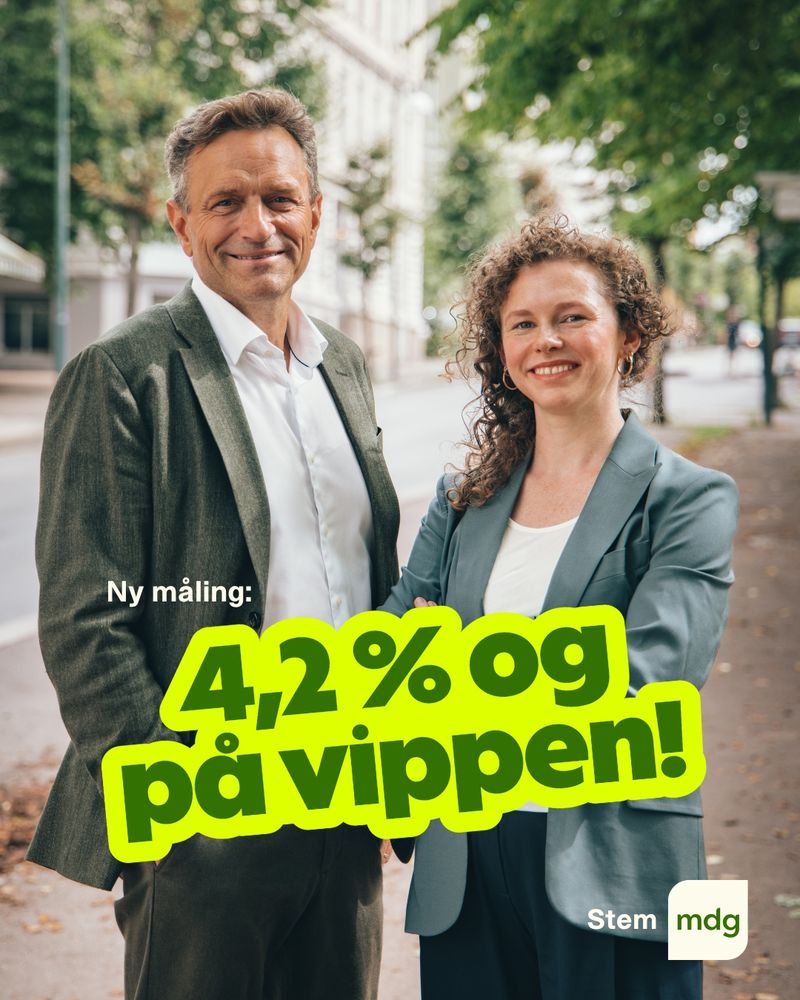 Arild Hermstad og Ingrid Liland i grønne dressjakker, smilende i sola foran et grønt bybilde.
Ny måling: 4,2 % og på vippen

Stem MDG