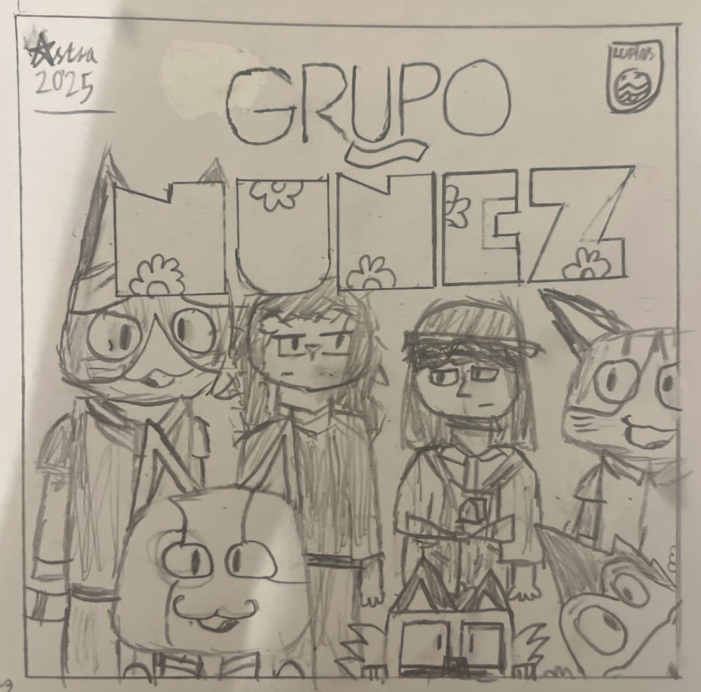 some of my buds’ ocs in various clothing, with the text grupo nuñez (a nod to Darwin Nuñez, an LFC player) and the Lupins logo (a spoof of philips, and also a nod to lupin the 3rd) in the top right corner