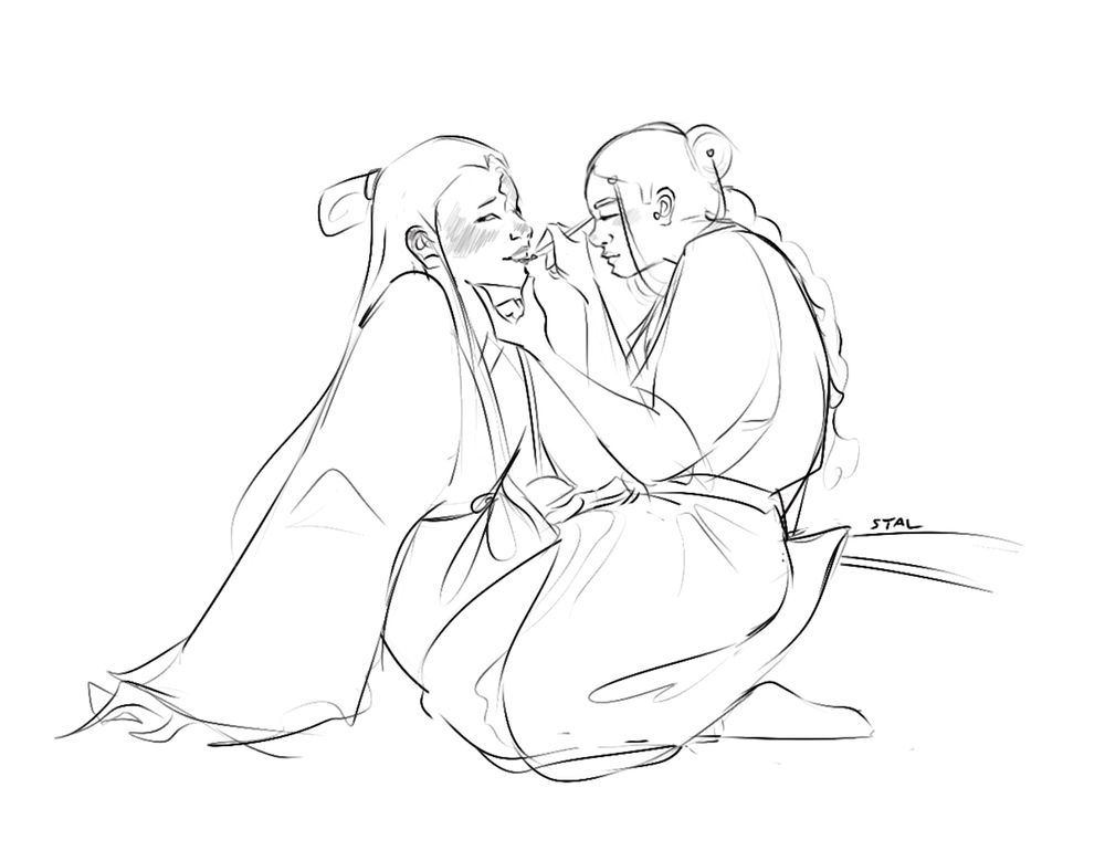 a loose sketch depicting katara applying lipstick on fem!zuko. katara is sitting in zuko’s lap and holding zuko’s chin, staring intently at her lips. zuko is awkwardly looking away while blushing intensely.
