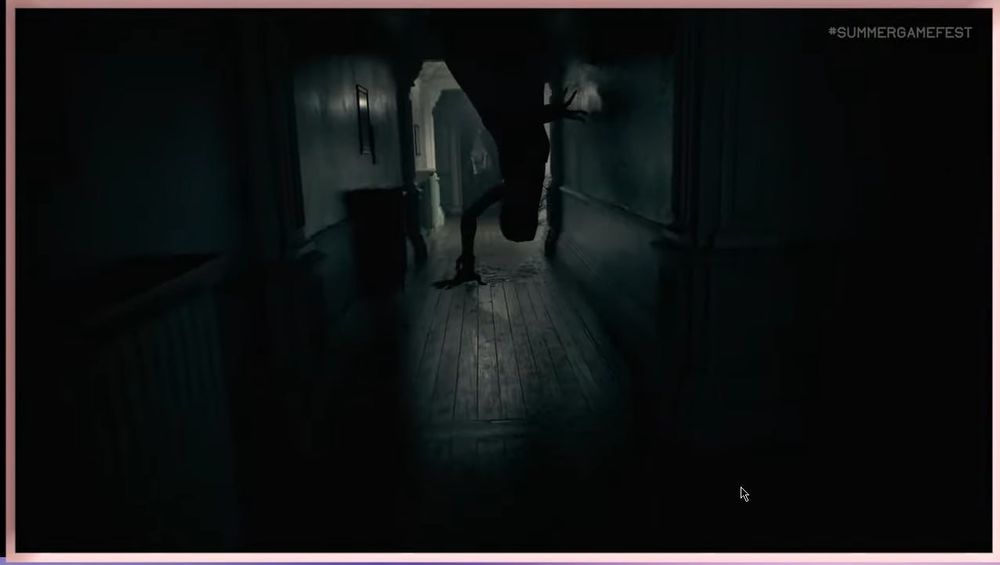 Screenshot of the new Resident Evil 9 trailer showing a distorted long humanoid monster on the ceiling going down the wall 