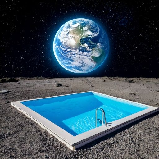 Mid-century modern square pool located on the moon, with view of planet Earth in the background sky.