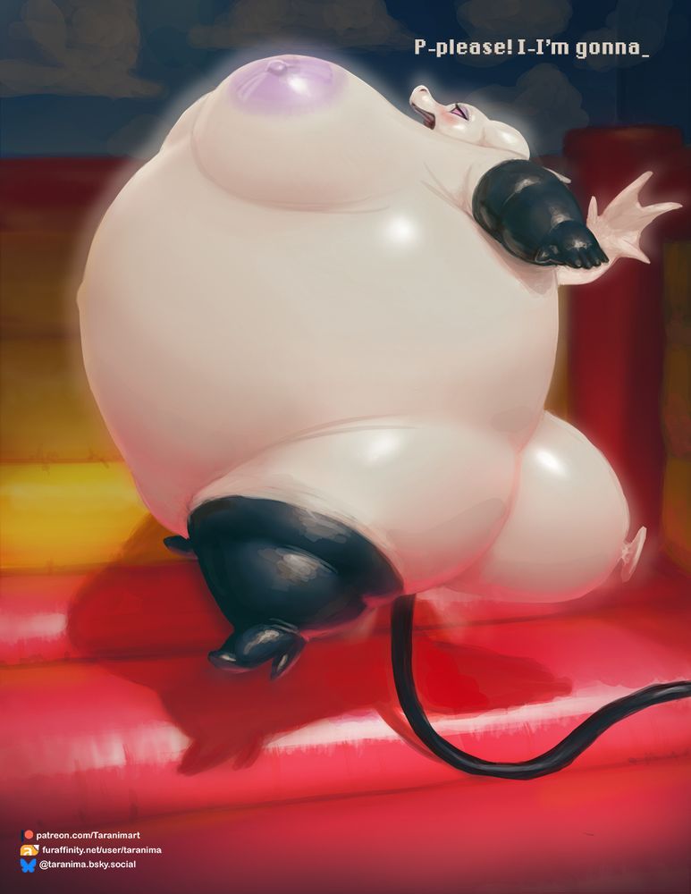 Tara the balloon dragon with a hose in her rear, thoroughly rounded and floating upwards in a liminal bouncy castle, looking ready to pop.