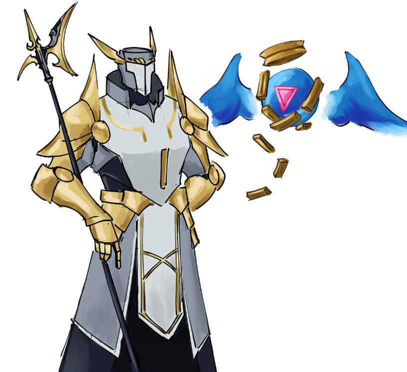 An armored figure stands with a halberd propped in his elbow and his other hand behind his back. He is next to a hovering virtue