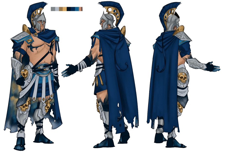 A rendered turnaround of an undead Spartan character, who wears blue, gold, and silver armor with a galaxy in his cape.