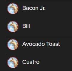 screenshot from Roll20 journal showing four horse tokens named Bacon Jr., Bill, Avocado Toast, and Cuatro