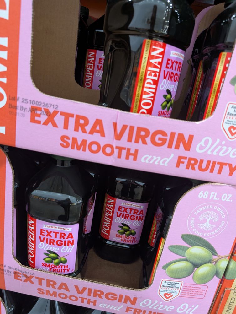 Olive oil bottle/box: "Extra Virgin; Smooth and Fruity"
