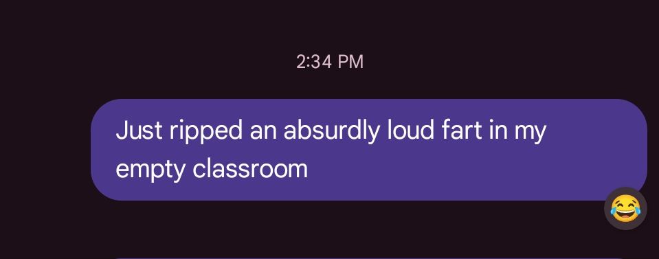 Text from me to my wife: "Just ripped an absurdly loud fart in my empty classroom" with her laughing emoji reaction 