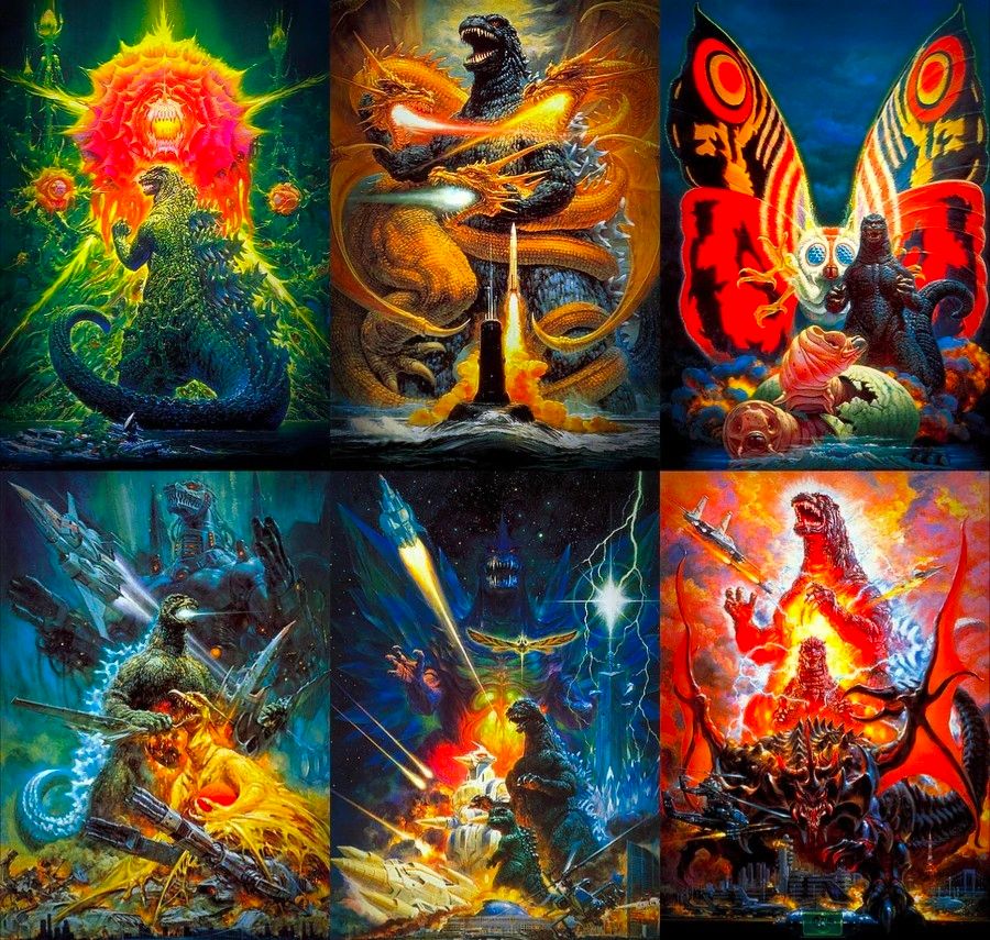 Compilation art of the six Noriyoshi Ohrai posters for Godzilla vs. Biollante, Godzilla vs. King Ghidorah, Godzilla vs. Mothra, Godzilla vs. Mechagodzilla II, Godzilla vs. SpaceGodzilla, and Godzilla vs. Destoroyah