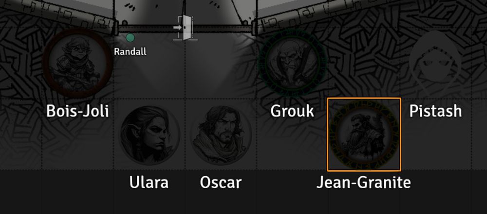 Les tokens des persos à la sortie du donjon : Bois-Joli, Ultara, Oscar, Grouk, Jean-Granite et Pistash