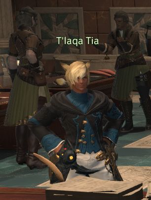 a screenshot of a miqote named T'laqa Tia, from the studium fishing quests