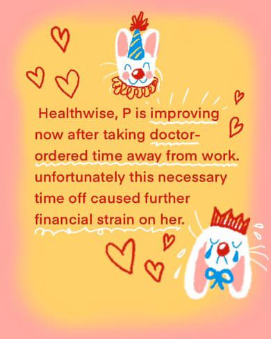 Text reads : Healthwise P is improving after taking doctor ordered time away from work. Unfortunately this necessary time off caused further financial strain