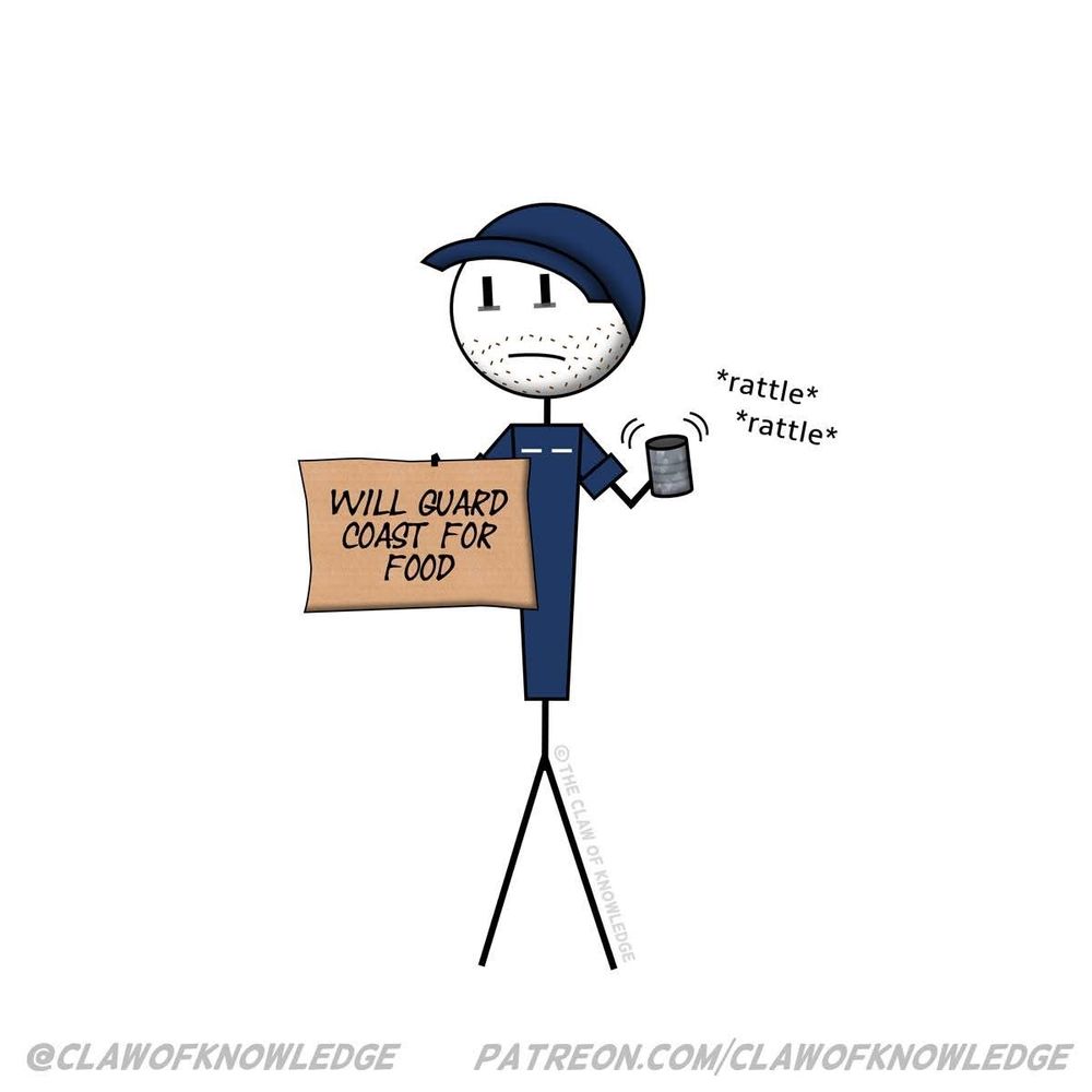 Stick figure Coastie with a can for coins and a handwritten sign that reads "Will guard coast for food"