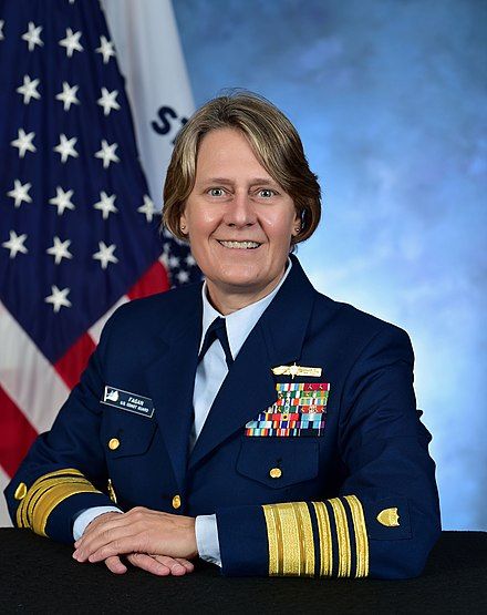 Official photo of Admiral Linda Fagan of the US Coast Guard in her dress uniform. Her rank (four-star) and ribbons showcase her accomplishments throughout her career.