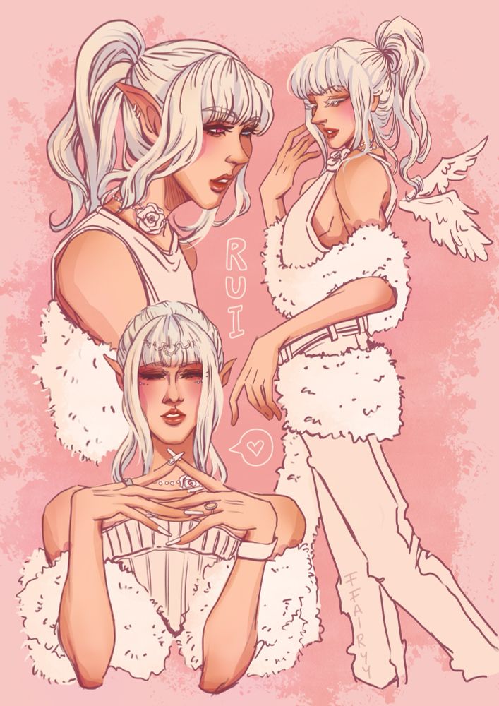 three digital drawings in an anime style of Xlov's Rui against a baby pink background. She has platin blonde hair in a high ponytail and white clothes with a white fur-like scarf. In two drawings she has elf ears, and in one little angel wings.