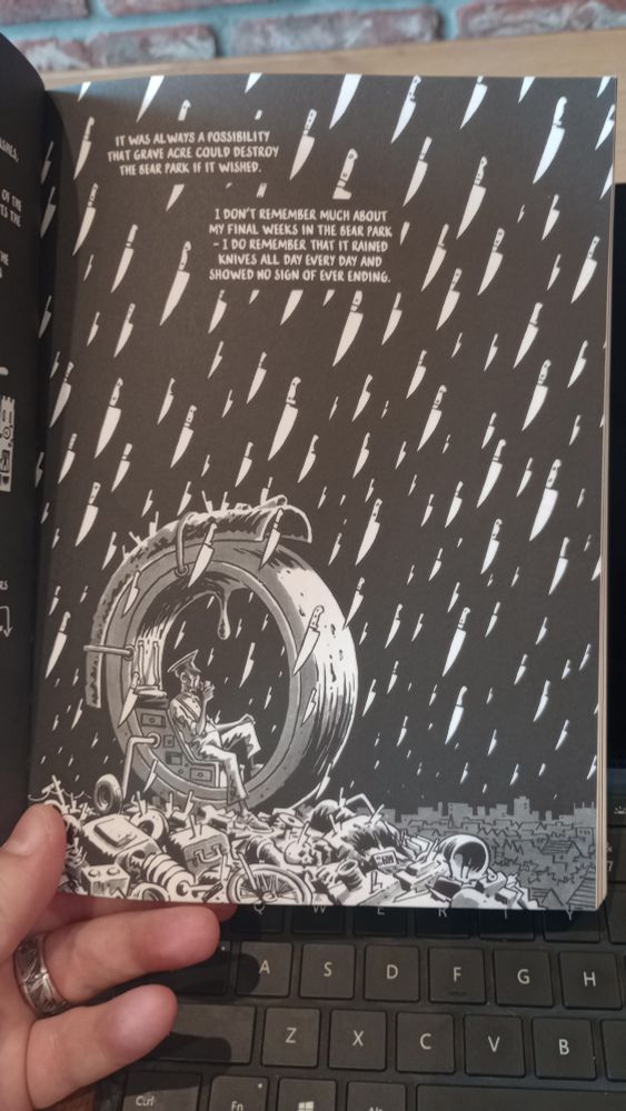 A picture of one of Davis's post-man, sitting inside his mother under a downpour of knives. Just a really cool illustration.