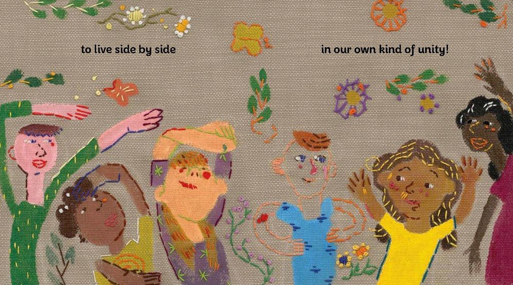 Picture of kids dancing, happy:

"to live side by side
in our own kind of unity"


