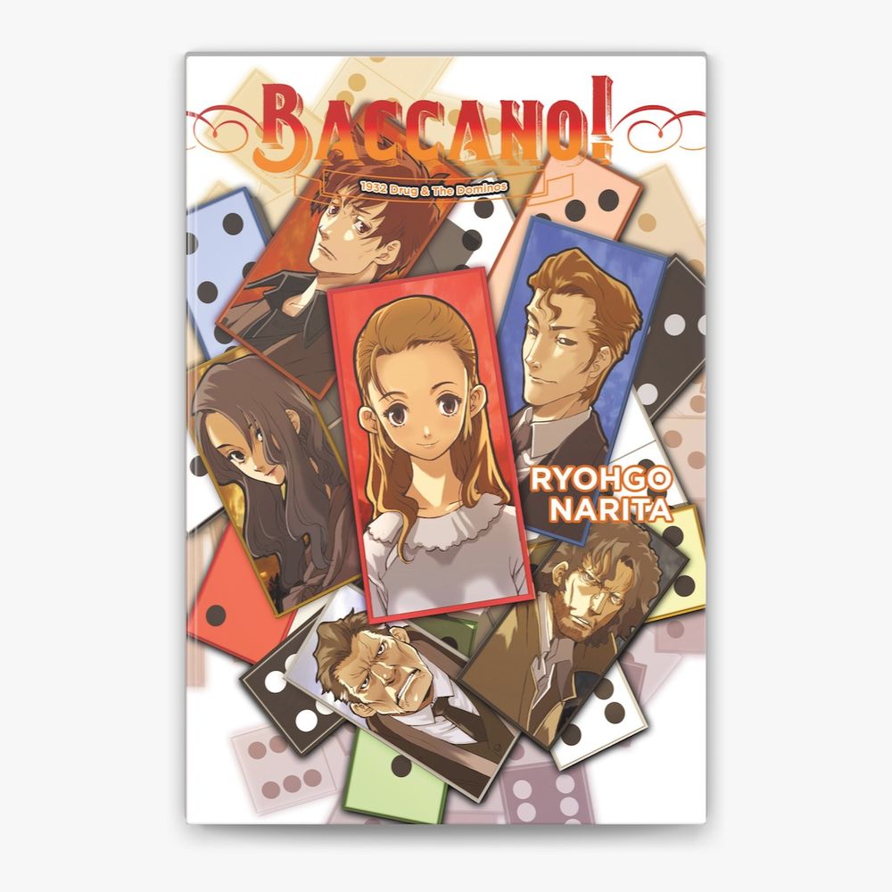 Baccano!, vol 4 cover; ft. inset of Eve Genoard in the center, surrounded by askew insets of assassins and an immortal and a minor mafia captain and a buncha dominos.